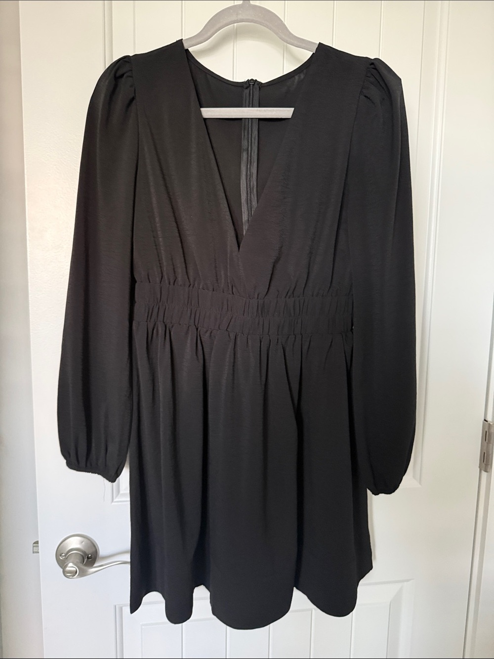 Source Unknown Black Long-Sleeve V-Neck Smocked-Waist Dress